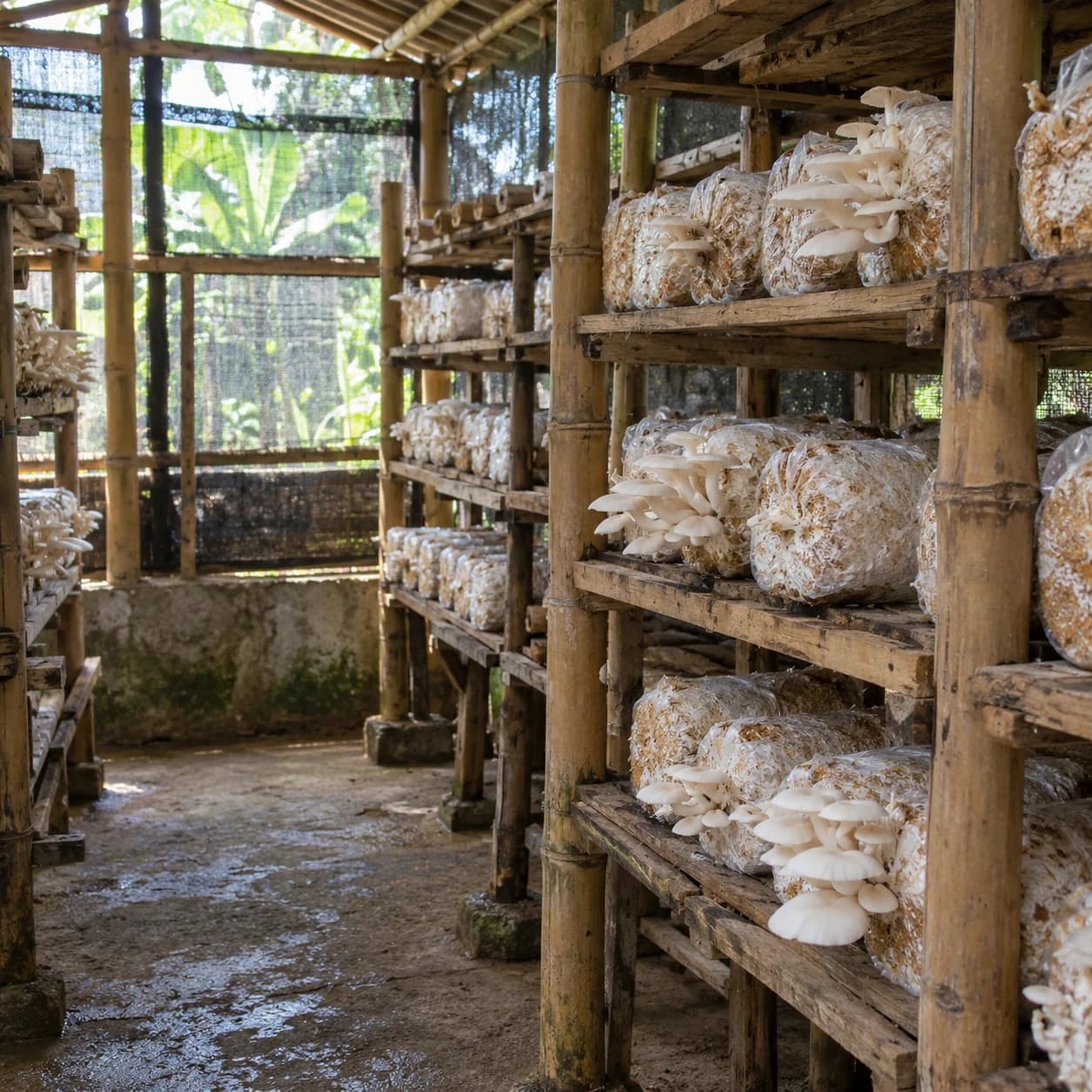Gambaran kumbung jamur dengan rak bambu dan baglog